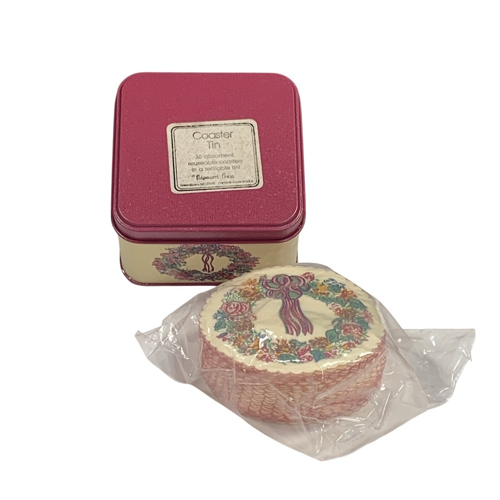 Potpourri Press Coaster Tin Set 36 Absorbent Reusable Floral Wreath Ribbon